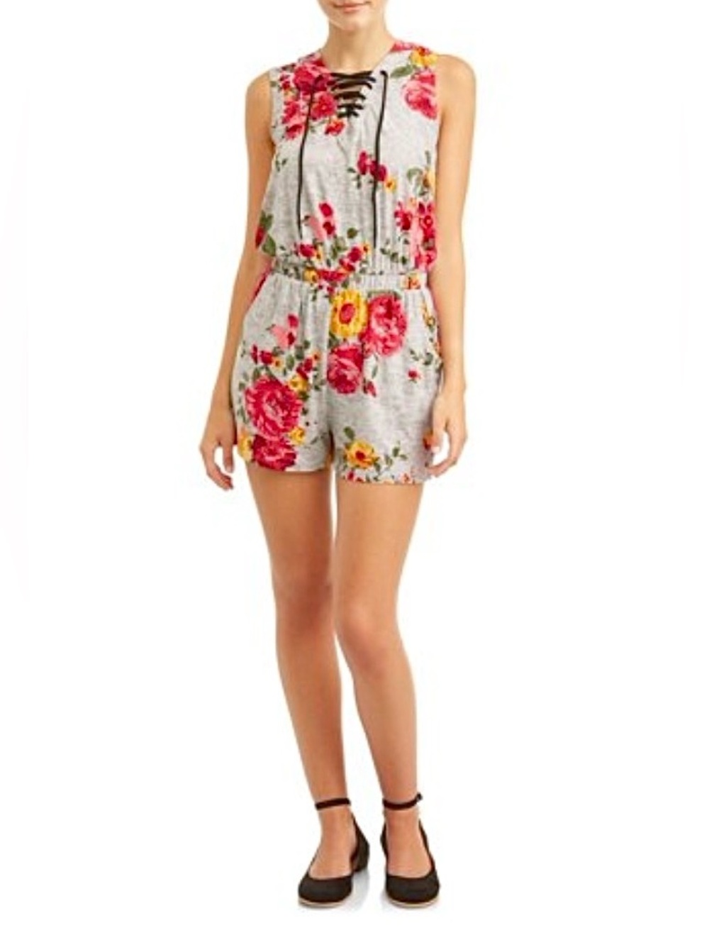 No Boundaries Gray Floral Lace Up Romper, Size XXL (19) - NWT
